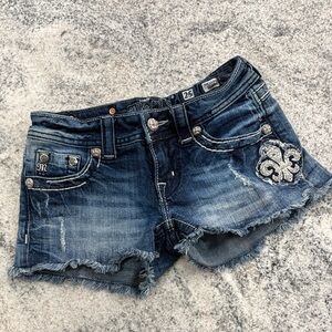 Miss Me Fleur De Lis Rhinestone Denim Shorts